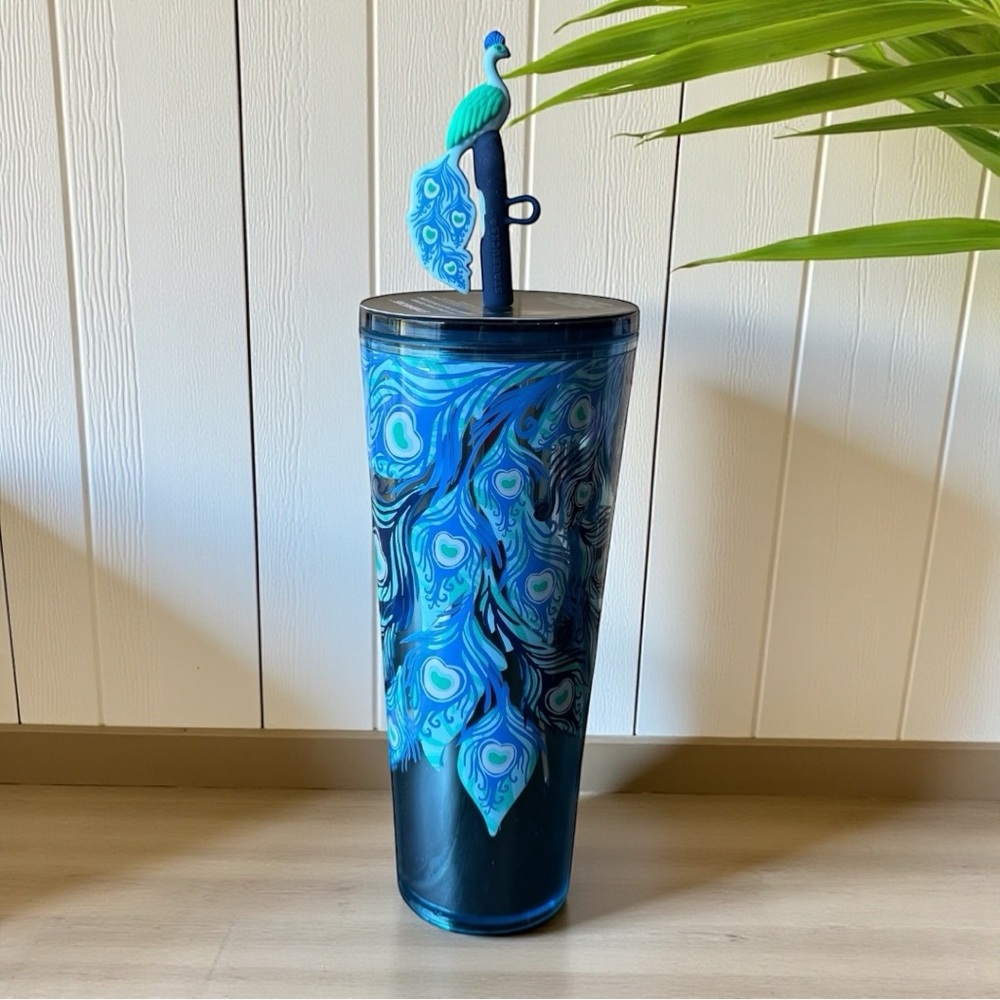 Starbucks 24oz Blue Peacock Feather Tumbler w/ 3D Peacock Straw Top – NWT